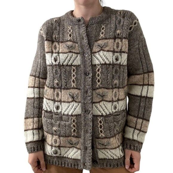 Vintage Oster Austrian Wool Mohair Brown Floral Embroidered Cardigan Sweater - Picture 7 of 9